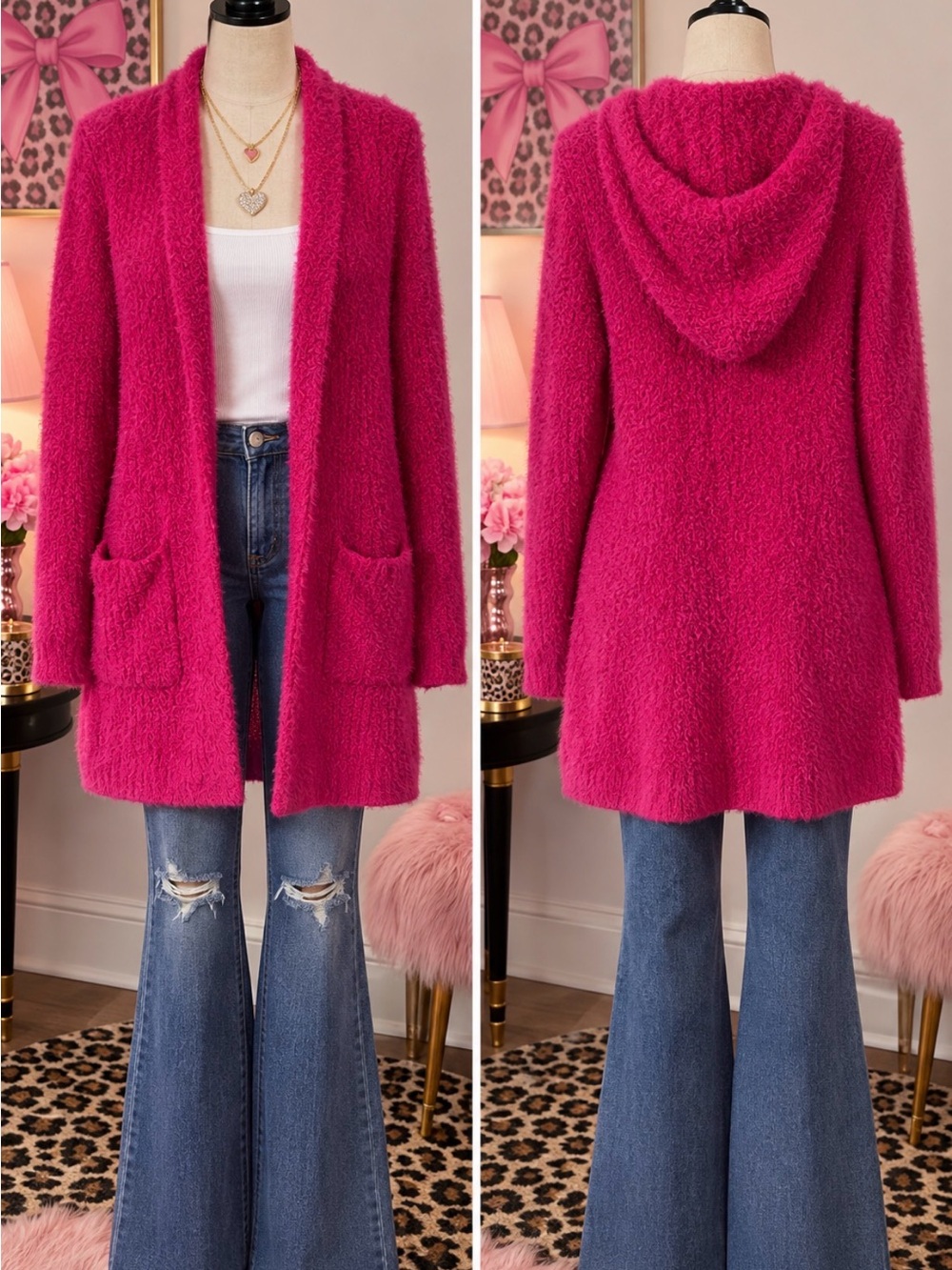 No Boundaries Fuzzy Hooded Open-Front Cardigan - Bright Pink